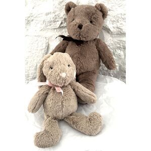 Pottery Barn Kids Brown Bow Bear 17" + Pink Bow Bunny 12" Plush